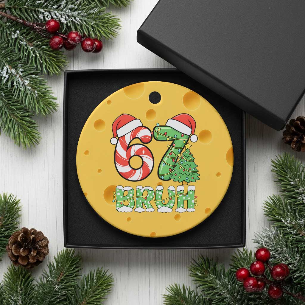 Funny 67 Bruh Christmas Ceramic Ornament Candy Cane and Xmas Tree Six Seven Meme Holiday Lights TS02 1pc Yellow Cheese Print Your Wear