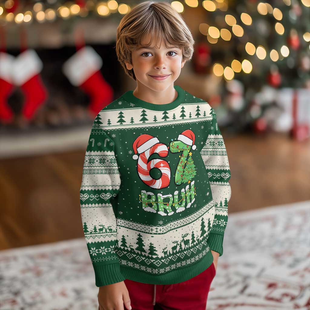 Funny 67 Bruh Xmas Ugly Christmas Sweater Candy Cane and Xmas Tree Six Seven Meme Holiday Lights TS02 Forest Green Beige Print Your Wear