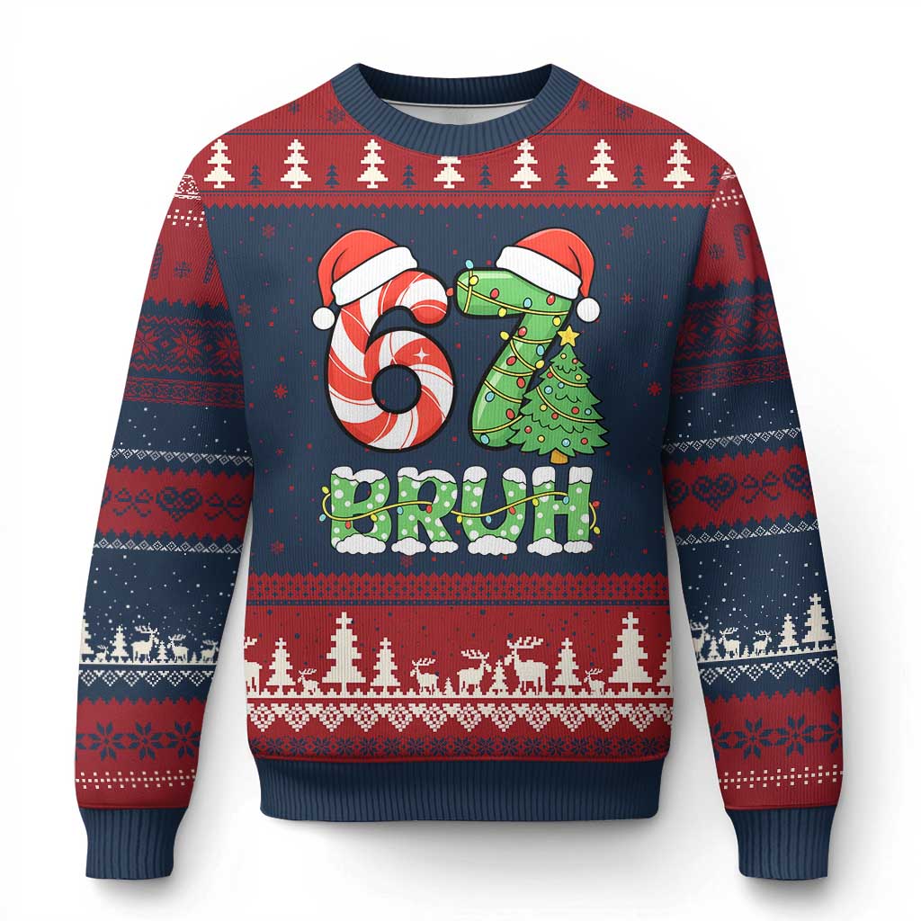 Funny 67 Bruh Xmas Ugly Christmas Sweater Candy Cane and Xmas Tree Six Seven Meme Holiday Lights TS02 Navy Red Print Your Wear