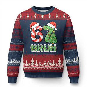 Funny 67 Bruh Xmas Ugly Christmas Sweater Candy Cane and Xmas Tree Six Seven Meme Holiday Lights TS02 Navy Red Print Your Wear