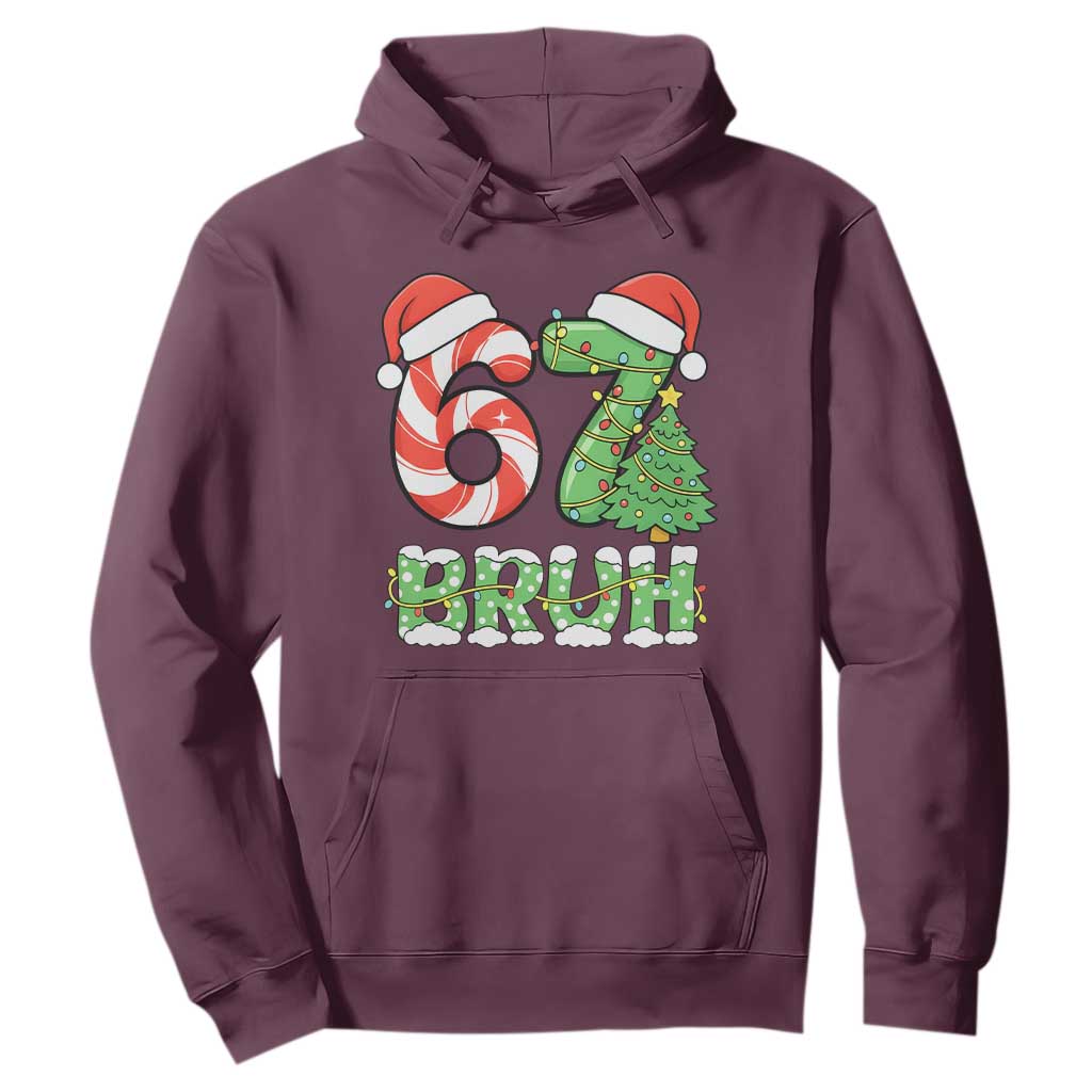 Funny 67 Bruh Christmas Hoodie Candy Cane and Xmas Tree Six Seven Meme Holiday Lights TS02 Maroon Print Your Wear
