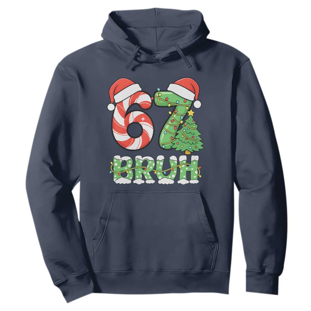 Funny 67 Bruh Christmas Hoodie Candy Cane and Xmas Tree Six Seven Meme Holiday Lights TS02 Navy Print Your Wear