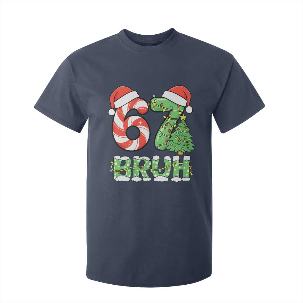 Funny 67 Bruh Christmas T Shirt For Kid Candy Cane and Xmas Tree Six Seven Meme Holiday Lights TS02 Navy Print Your Wear