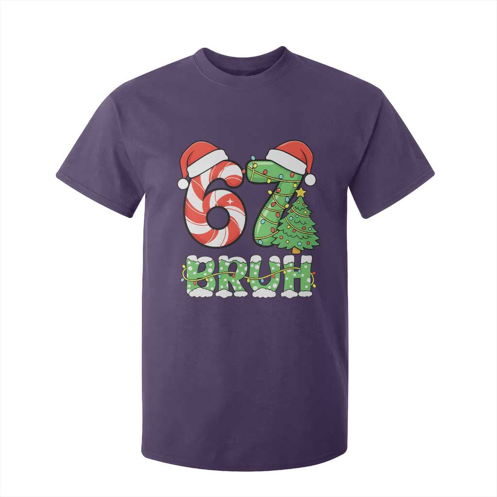 Funny 67 Bruh Christmas T Shirt For Kid Candy Cane and Xmas Tree Six Seven Meme Holiday Lights TS02 Purple Print Your Wear