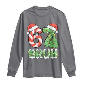 Funny 67 Bruh Christmas Long Sleeve Shirt Candy Cane and Xmas Tree Six Seven Meme Holiday Lights TS02 Charcoal Print Your Wear