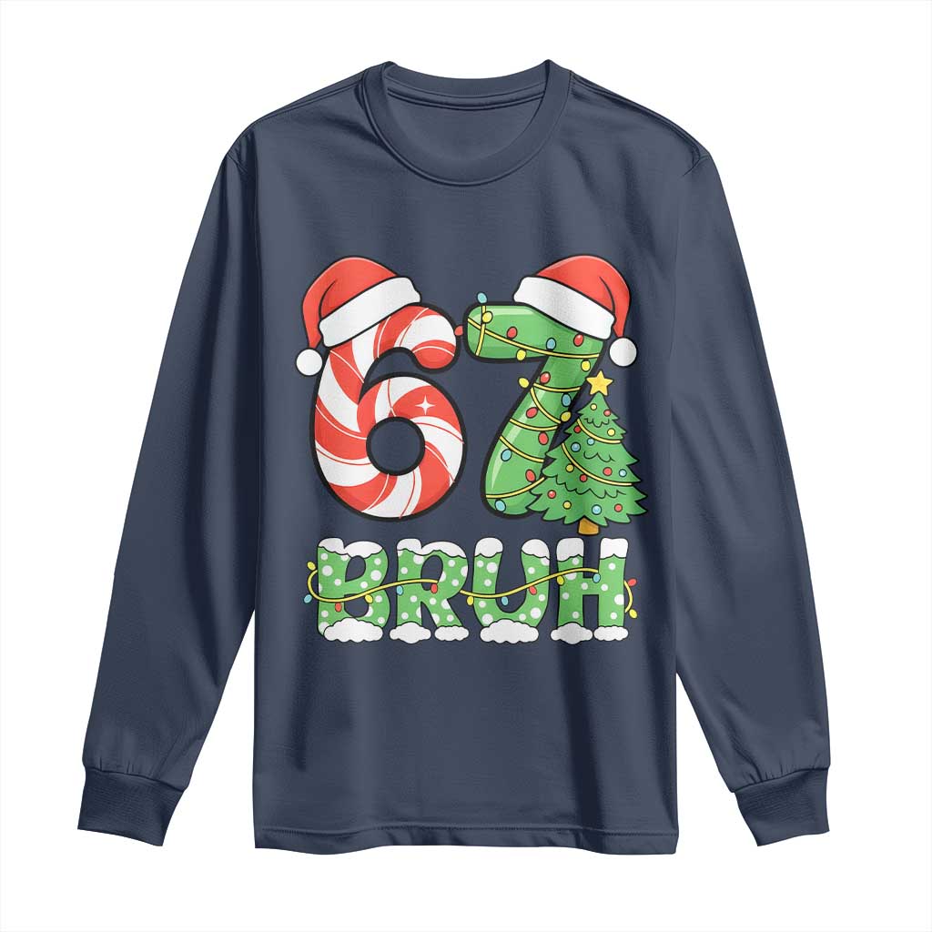 Funny 67 Bruh Christmas Long Sleeve Shirt Candy Cane and Xmas Tree Six Seven Meme Holiday Lights TS02 Navy Print Your Wear