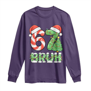 Funny 67 Bruh Christmas Long Sleeve Shirt Candy Cane and Xmas Tree Six Seven Meme Holiday Lights TS02 Purple Print Your Wear