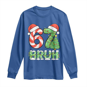 Funny 67 Bruh Christmas Long Sleeve Shirt Candy Cane and Xmas Tree Six Seven Meme Holiday Lights TS02 Royal Blue Print Your Wear