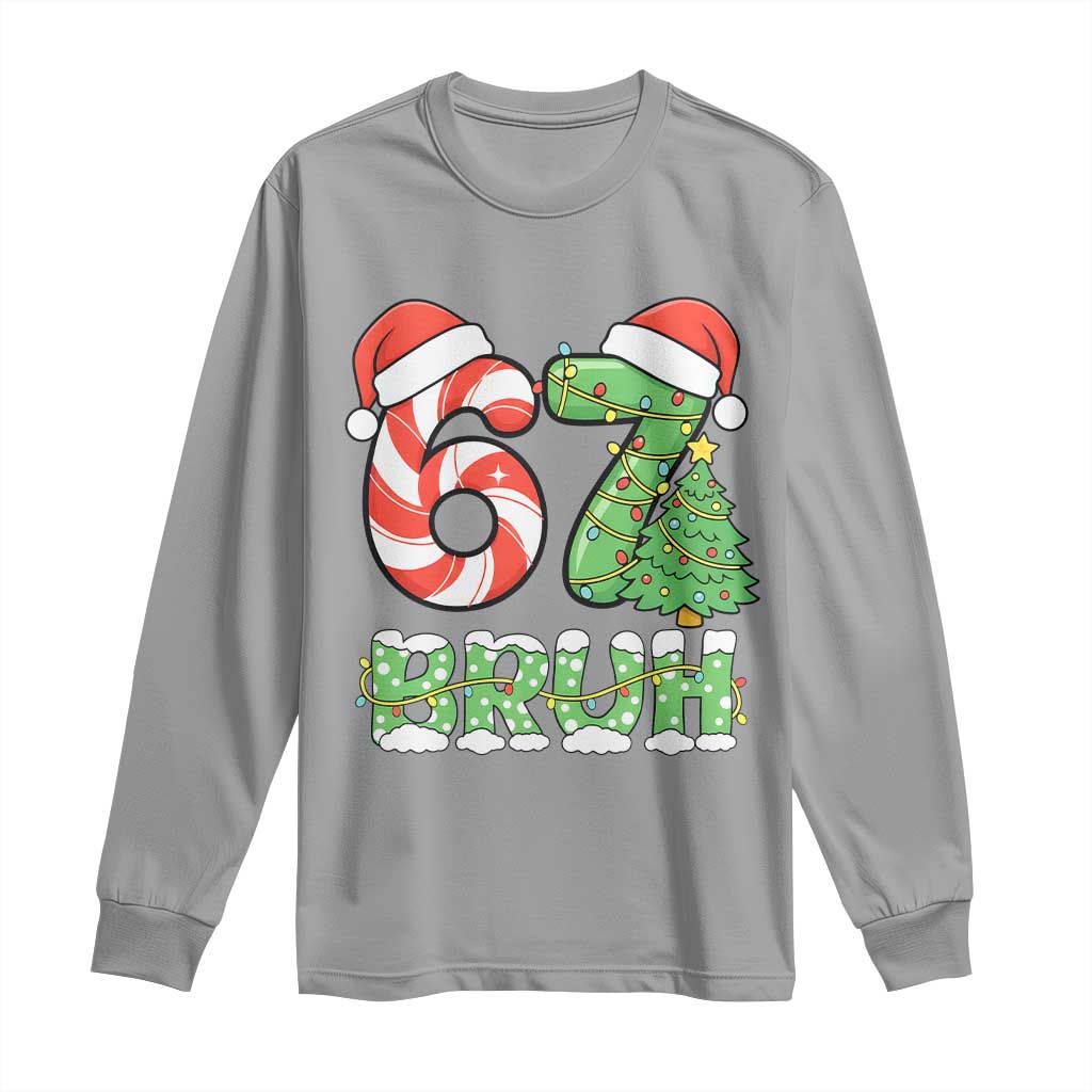 Funny 67 Bruh Christmas Long Sleeve Shirt Candy Cane and Xmas Tree Six Seven Meme Holiday Lights TS02 Sport Gray Print Your Wear