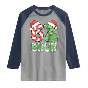 Funny 67 Bruh Christmas Raglan Shirt Candy Cane and Xmas Tree Six Seven Meme Holiday Lights TS02 Sport Gray Navy Print Your Wear