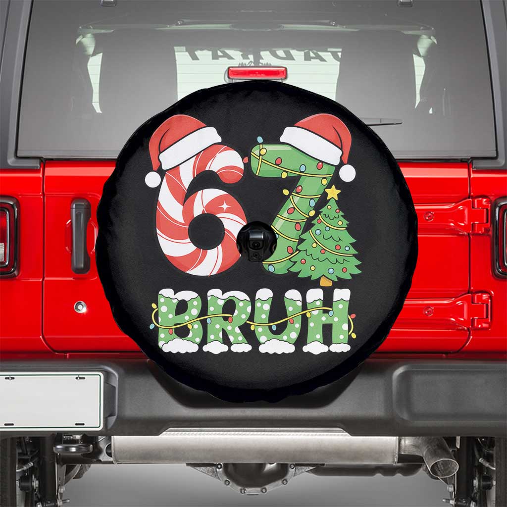 Funny 67 Bruh Christmas Spare Tire Cover Candy Cane and Xmas Tree Six Seven Meme Holiday Lights TS02 Black Print Your Wear
