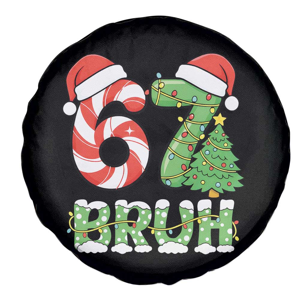 Funny 67 Bruh Christmas Spare Tire Cover Candy Cane and Xmas Tree Six Seven Meme Holiday Lights TS02 Print Your Wear