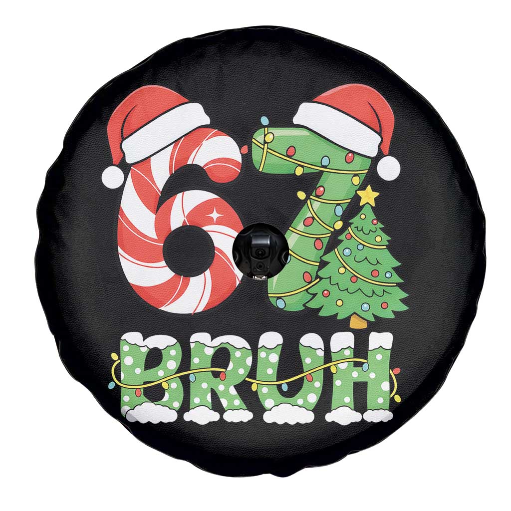 Funny 67 Bruh Christmas Spare Tire Cover Candy Cane and Xmas Tree Six Seven Meme Holiday Lights TS02 Print Your Wear