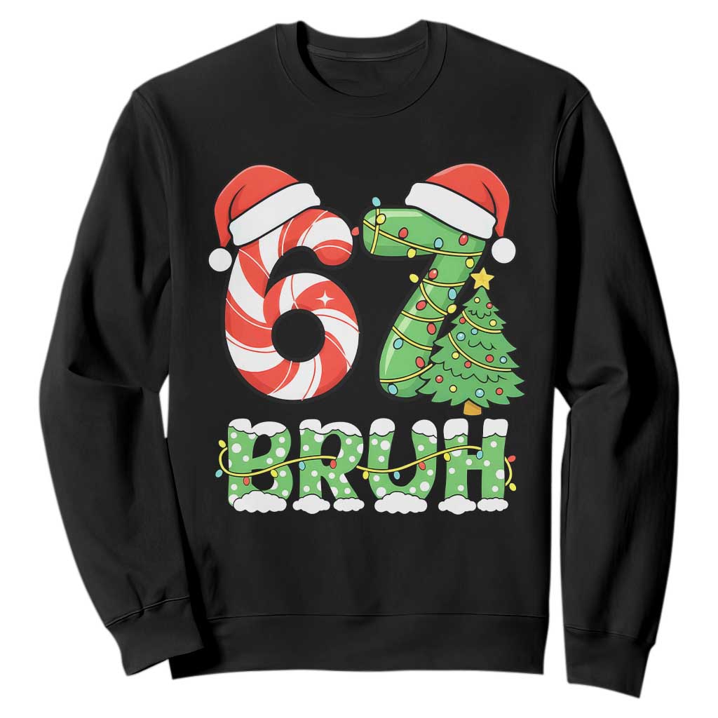 Funny 67 Bruh Christmas Sweatshirt Candy Cane and Xmas Tree Six Seven Meme Holiday Lights TS02 Black Print Your Wear