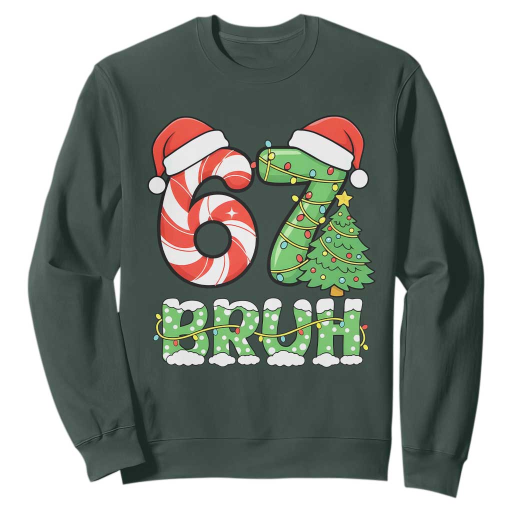 Funny 67 Bruh Christmas Sweatshirt Candy Cane and Xmas Tree Six Seven Meme Holiday Lights TS02 Dark Forest Green Print Your Wear