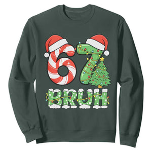 Funny 67 Bruh Christmas Sweatshirt Candy Cane and Xmas Tree Six Seven Meme Holiday Lights TS02 Dark Forest Green Print Your Wear