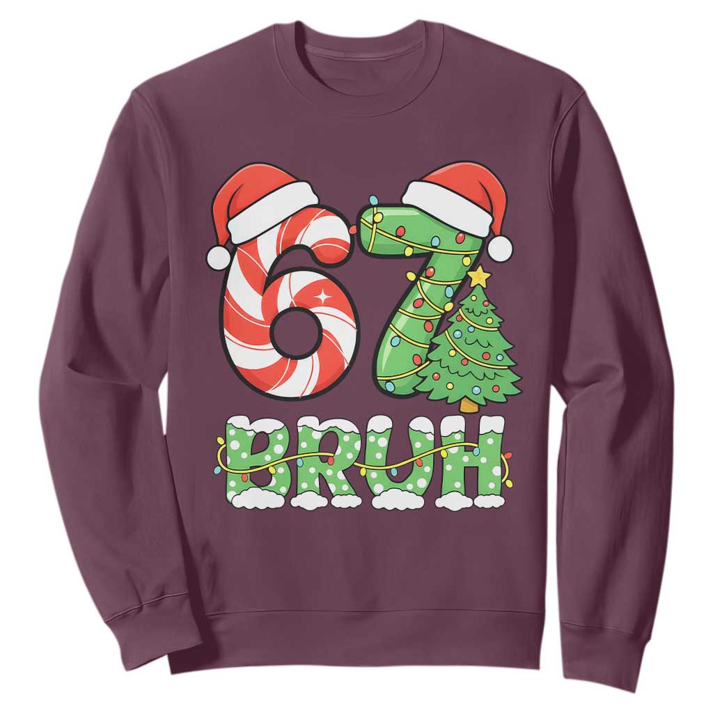 Funny 67 Bruh Christmas Sweatshirt Candy Cane and Xmas Tree Six Seven Meme Holiday Lights TS02 Maroon Print Your Wear