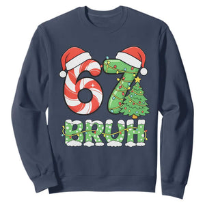 Funny 67 Bruh Christmas Sweatshirt Candy Cane and Xmas Tree Six Seven Meme Holiday Lights TS02 Navy Print Your Wear
