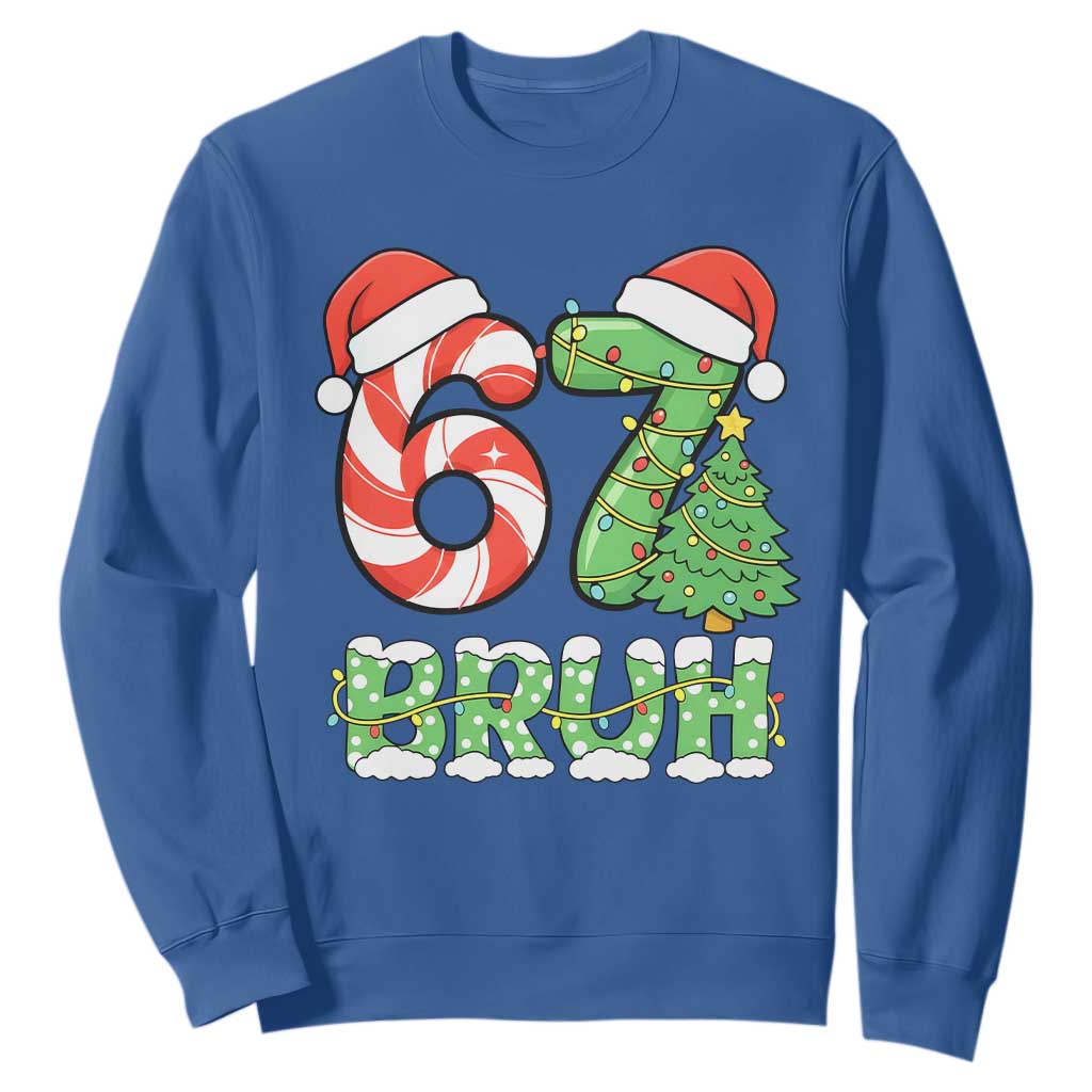 Funny 67 Bruh Christmas Sweatshirt Candy Cane and Xmas Tree Six Seven Meme Holiday Lights TS02 Royal Blue Print Your Wear