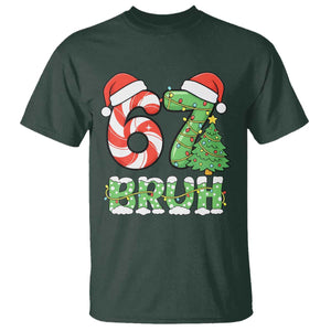 Funny 67 Bruh Christmas T Shirt Candy Cane and Xmas Tree Six Seven Meme Holiday Lights TS02 Dark Forest Green Print Your Wear