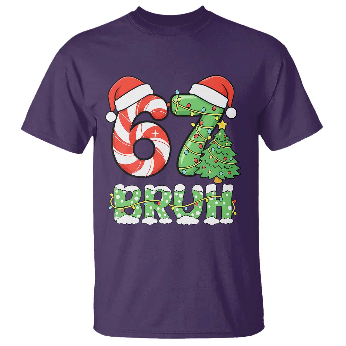 Funny 67 Bruh Christmas T Shirt Candy Cane and Xmas Tree Six Seven Meme Holiday Lights TS02 Purple Print Your Wear