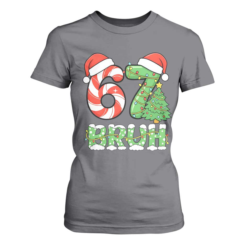 Funny 67 Bruh Christmas T Shirt For Women Candy Cane and Xmas Tree Six Seven Meme Holiday Lights TS02 Charcoal Print Your Wear