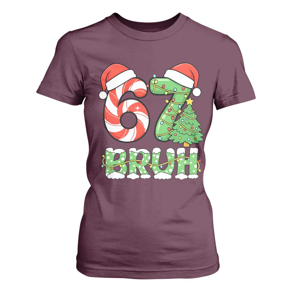 Funny 67 Bruh Christmas T Shirt For Women Candy Cane and Xmas Tree Six Seven Meme Holiday Lights TS02 Maroon Print Your Wear