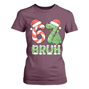 Funny 67 Bruh Christmas T Shirt For Women Candy Cane and Xmas Tree Six Seven Meme Holiday Lights TS02 Maroon Print Your Wear