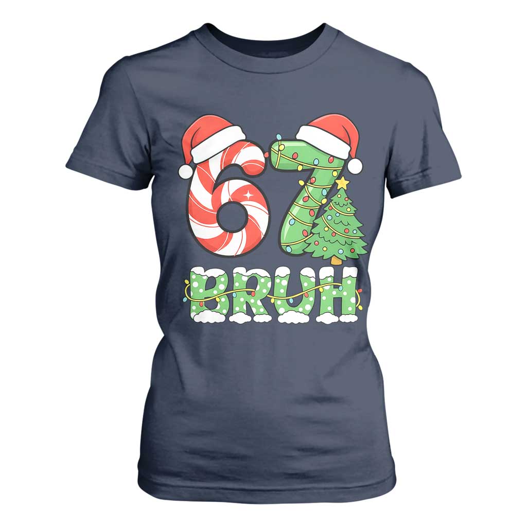 Funny 67 Bruh Christmas T Shirt For Women Candy Cane and Xmas Tree Six Seven Meme Holiday Lights TS02 Navy Print Your Wear