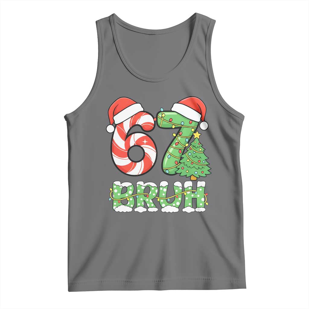 Funny 67 Bruh Christmas Tank Top Candy Cane and Xmas Tree Six Seven Meme Holiday Lights TS02 Black Heather Print Your Wear
