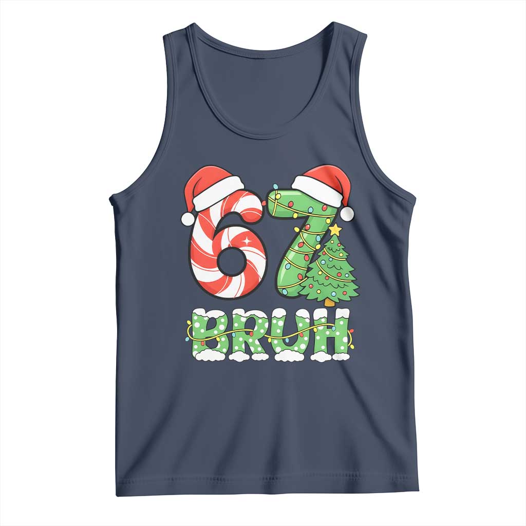 Funny 67 Bruh Christmas Tank Top Candy Cane and Xmas Tree Six Seven Meme Holiday Lights TS02 Navy Print Your Wear