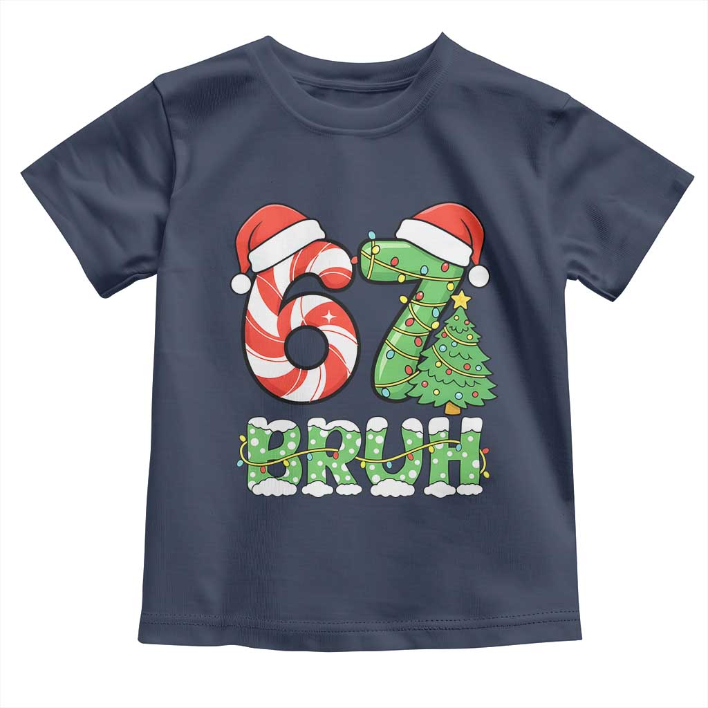 Funny 67 Bruh Christmas Toddler T Shirt Candy Cane and Xmas Tree Six Seven Meme Holiday Lights TS02 Navy Print Your Wear
