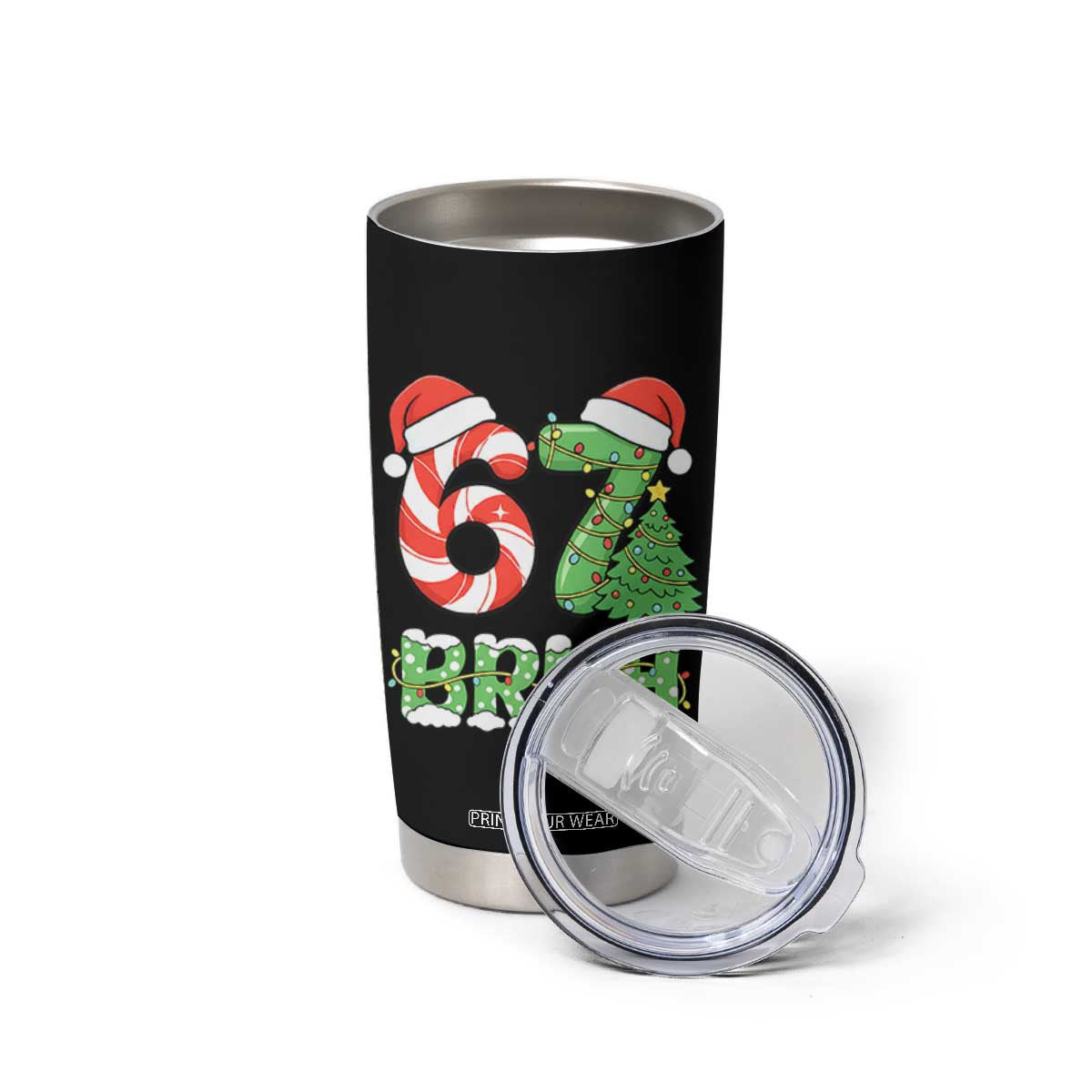 Funny 67 Bruh Christmas Tumbler Cup Candy Cane and Xmas Tree Six Seven Meme Holiday Lights TS02 Print Your Wear