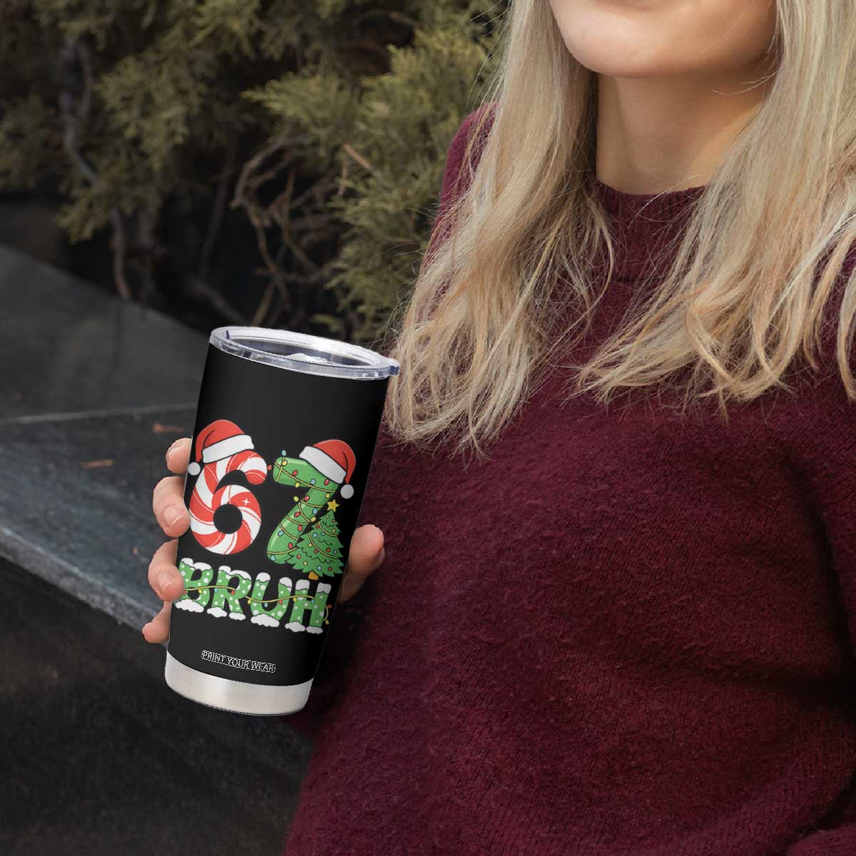 Funny 67 Bruh Christmas Tumbler Cup Candy Cane and Xmas Tree Six Seven Meme Holiday Lights TS02 Print Your Wear