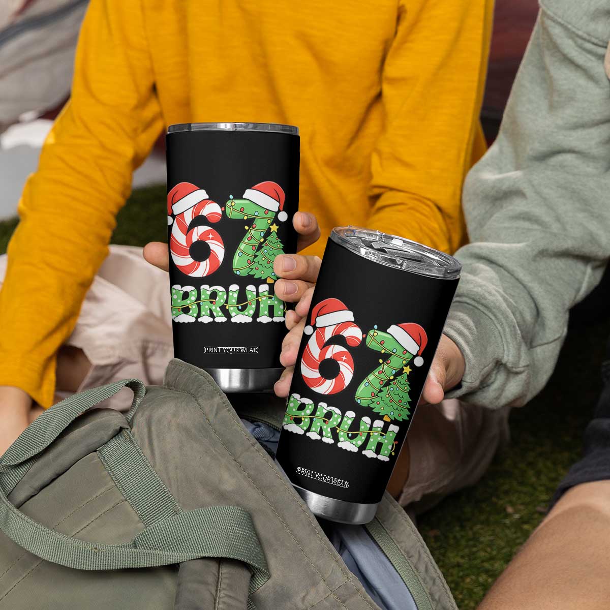 Funny 67 Bruh Christmas Tumbler Cup Candy Cane and Xmas Tree Six Seven Meme Holiday Lights TS02 Print Your Wear