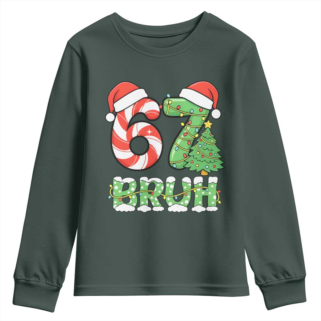 Funny 67 Bruh Christmas Youth Sweatshirt Candy Cane and Xmas Tree Six Seven Meme Holiday Lights TS02 Dark Forest Green Print Your Wear