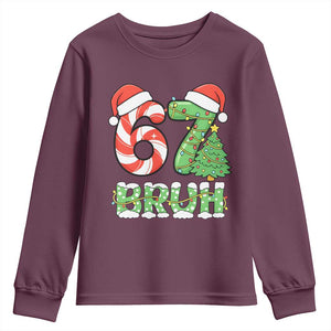 Funny 67 Bruh Christmas Youth Sweatshirt Candy Cane and Xmas Tree Six Seven Meme Holiday Lights TS02 Maroon Print Your Wear