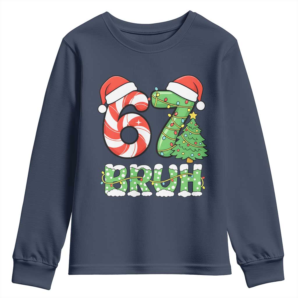 Funny 67 Bruh Christmas Youth Sweatshirt Candy Cane and Xmas Tree Six Seven Meme Holiday Lights TS02 Navy Print Your Wear