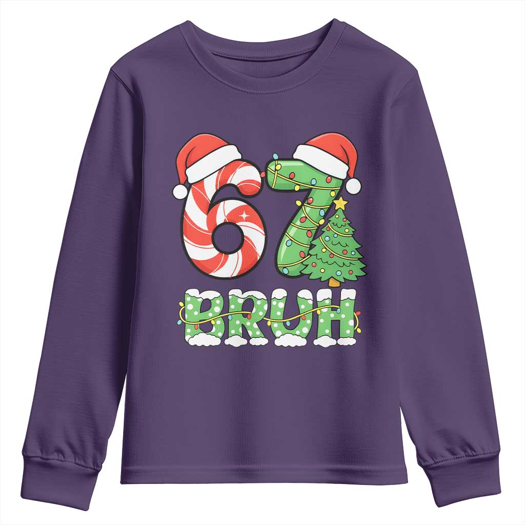 Funny 67 Bruh Christmas Youth Sweatshirt Candy Cane and Xmas Tree Six Seven Meme Holiday Lights TS02 Purple Print Your Wear