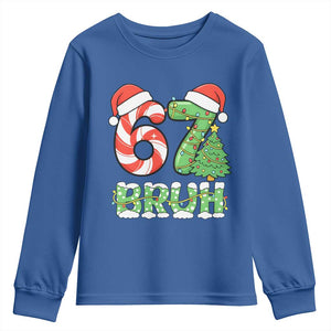 Funny 67 Bruh Christmas Youth Sweatshirt Candy Cane and Xmas Tree Six Seven Meme Holiday Lights TS02 Royal Blue Print Your Wear