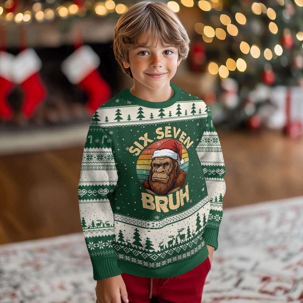 Six Seven Bruh Meme Xmas Bigfoot Ugly Christmas Sweater 67 Sasquatch Santa Retro Holiday TS02 Forest Green Beige Print Your Wear