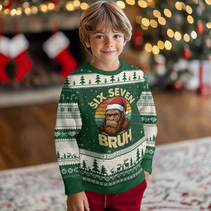 Six Seven Bruh Meme Xmas Bigfoot Ugly Christmas Sweater 67 Sasquatch Santa Retro Holiday TS02 Forest Green Beige Print Your Wear