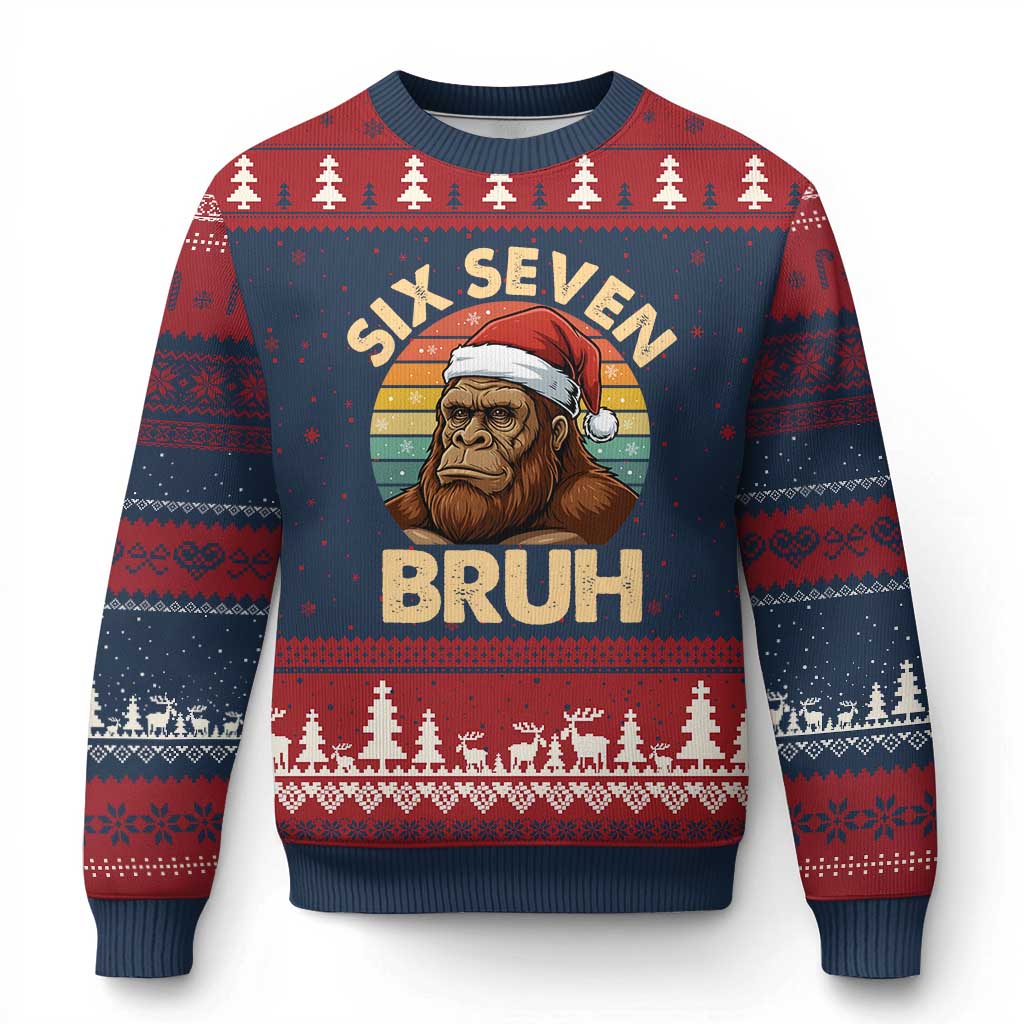 Six Seven Bruh Meme Xmas Bigfoot Ugly Christmas Sweater 67 Sasquatch Santa Retro Holiday TS02 Navy Red Print Your Wear