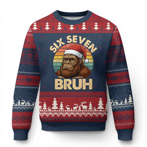 Six Seven Bruh Meme Xmas Bigfoot Ugly Christmas Sweater 67 Sasquatch Santa Retro Holiday TS02 Navy Red Print Your Wear