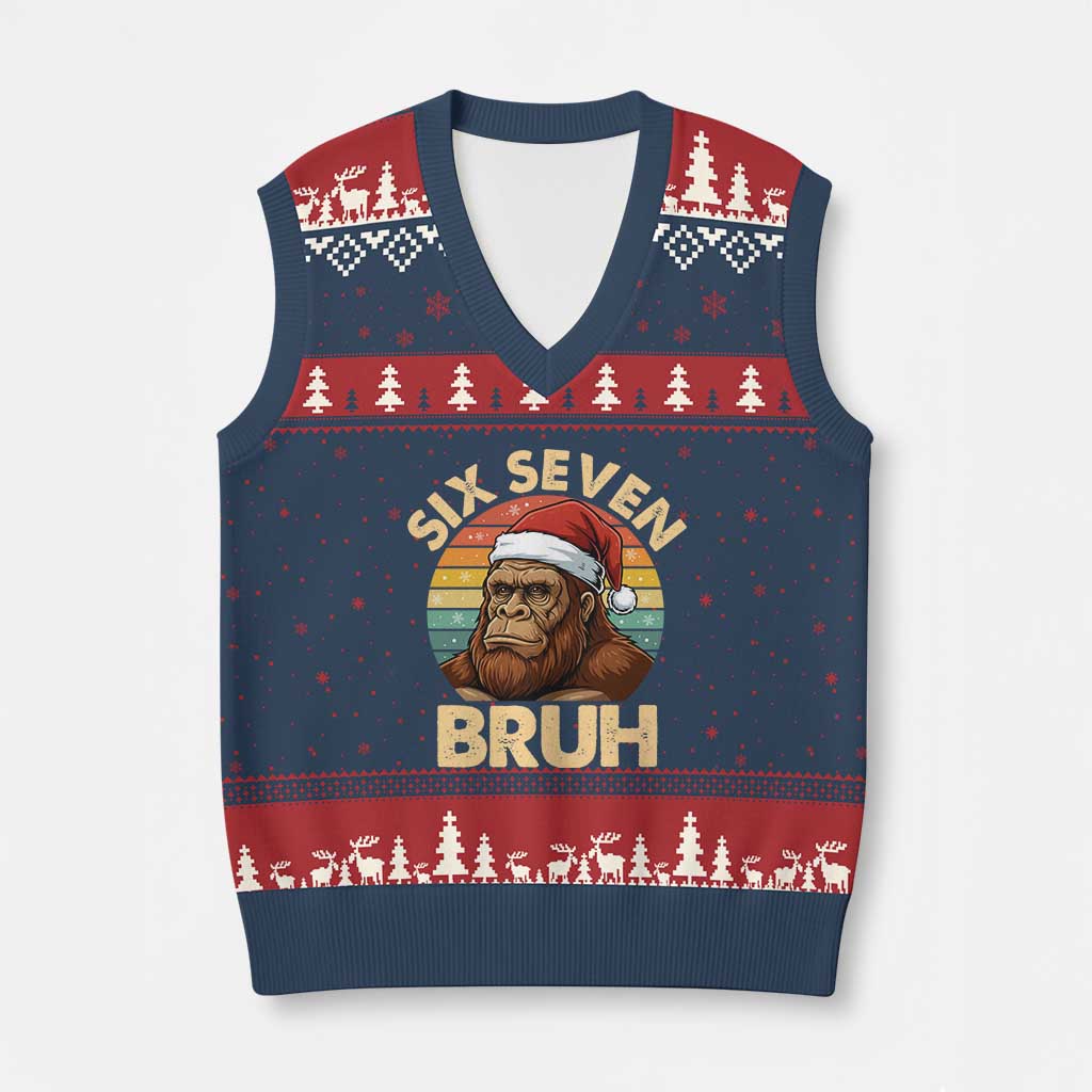 Six Seven Bruh Meme Xmas Bigfoot V-Neck Knit Sweater Vest 67 Sasquatch Santa Retro Holiday TS02 Navy Red Print Your Wear