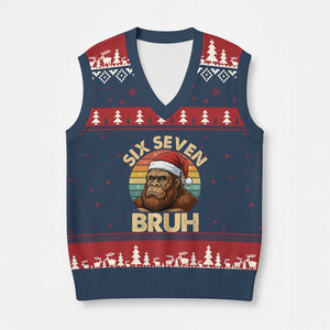 Six Seven Bruh Meme Xmas Bigfoot V-Neck Knit Sweater Vest 67 Sasquatch Santa Retro Holiday TS02 Navy Red Print Your Wear