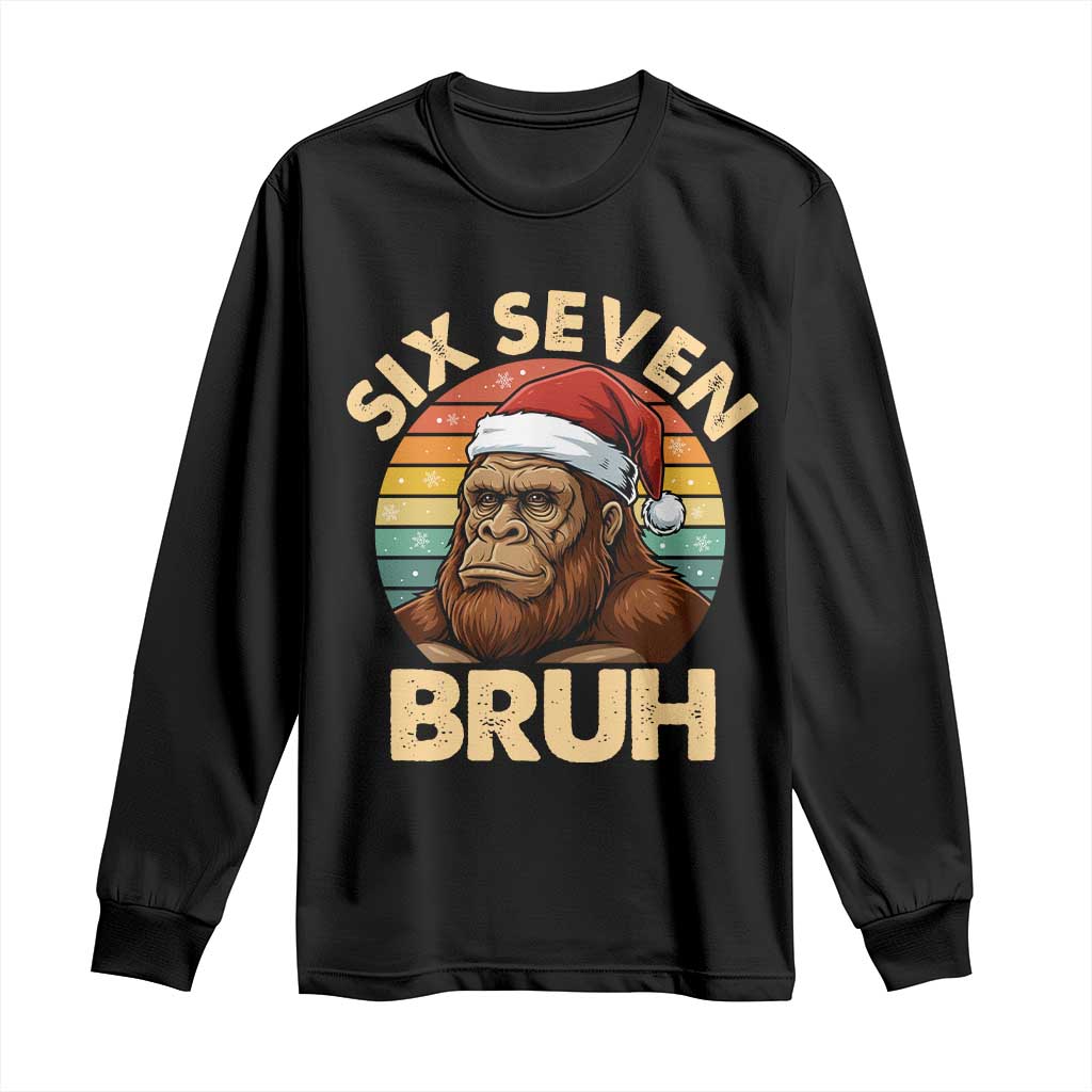 Six Seven Bruh Meme Christmas Bigfoot Long Sleeve Shirt 67 Sasquatch Santa Retro Holiday - Print Your Wear