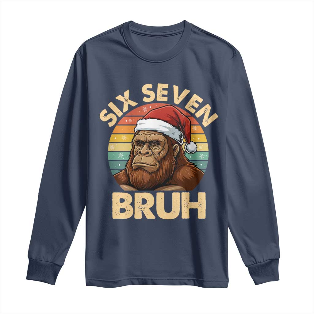 Six Seven Bruh Meme Christmas Bigfoot Long Sleeve Shirt 67 Sasquatch Santa Retro Holiday TS02 Navy Print Your Wear