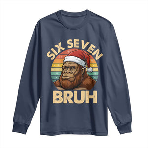 Six Seven Bruh Meme Christmas Bigfoot Long Sleeve Shirt 67 Sasquatch Santa Retro Holiday TS02 Navy Print Your Wear