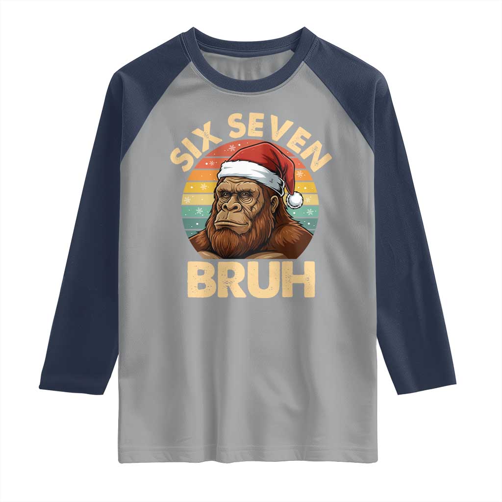 Six Seven Bruh Meme Christmas Bigfoot Raglan Shirt 67 Sasquatch Santa Retro Holiday TS02 Sport Gray Navy Print Your Wear